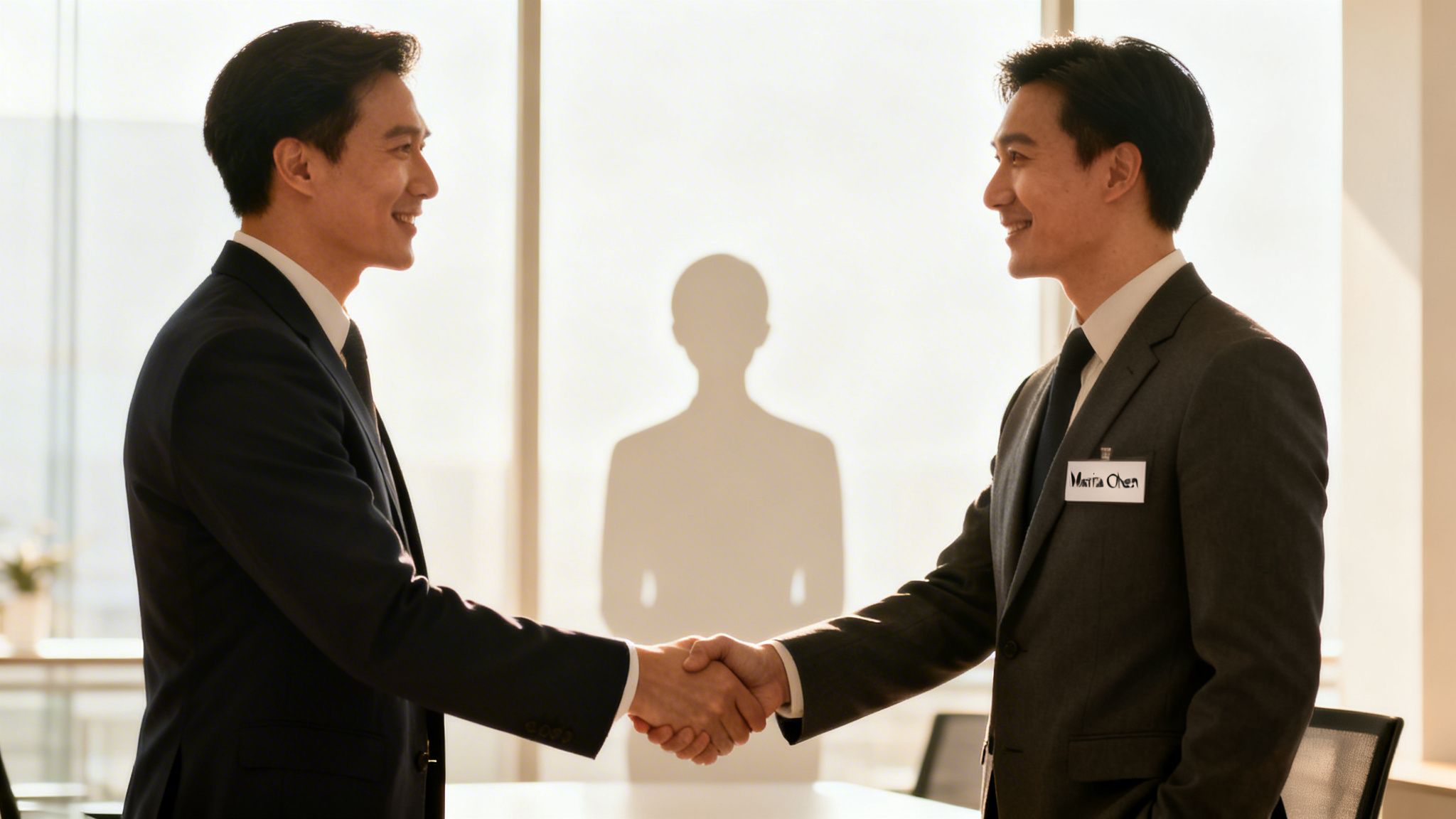 Two smiling businessmen in suits shaking hands in a bright, modern office setting.