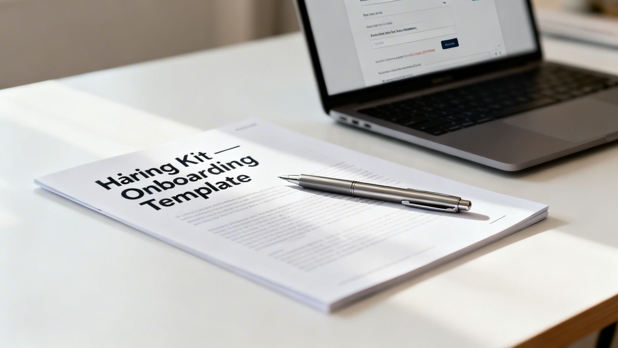 A document titled 'Hiring Kit - Onboarding Template' with a pen, next to an open laptop on a white desk.