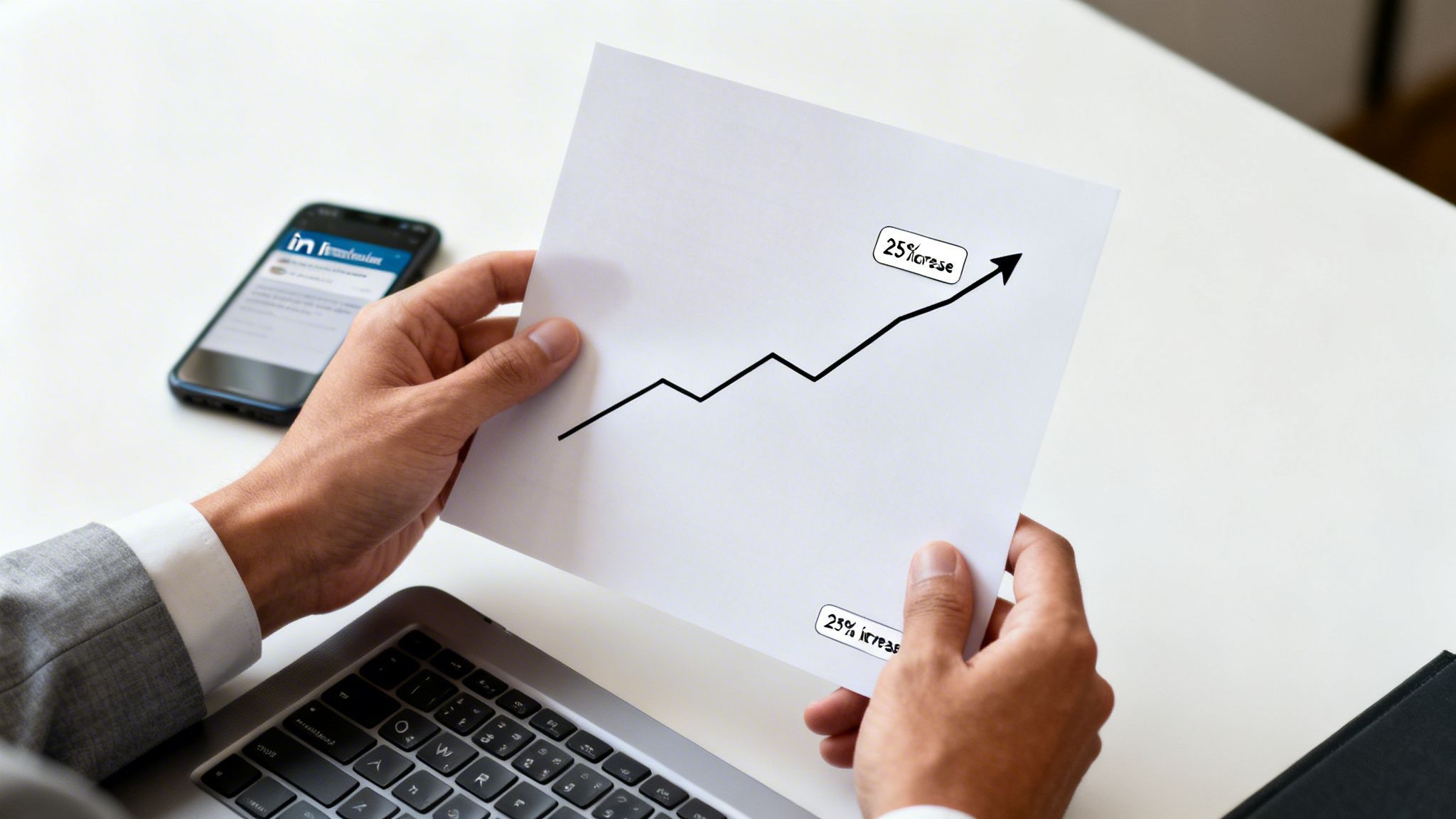 A person holds a graph showing a 25% increase, with a laptop and LinkedIn on a phone nearby.
