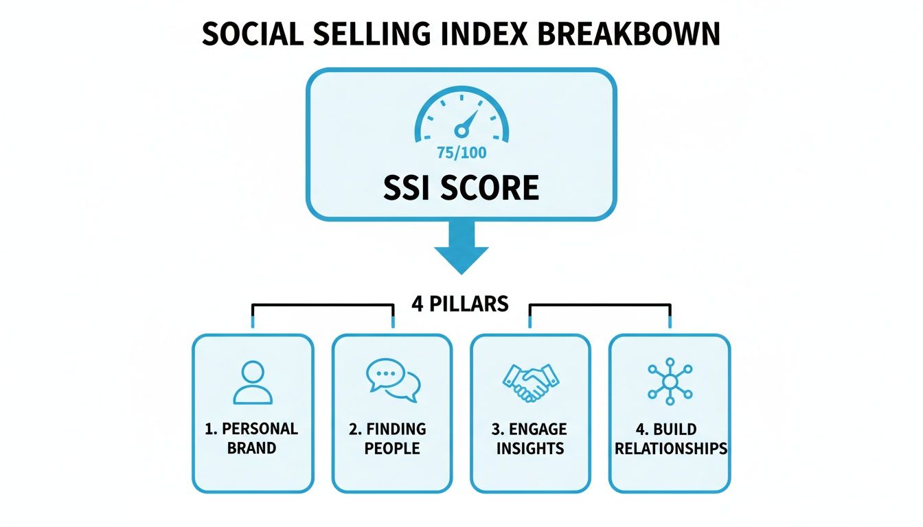 Diagram illustrating the Social Selling Index (SSI) score of 75/100 and its four pillars.