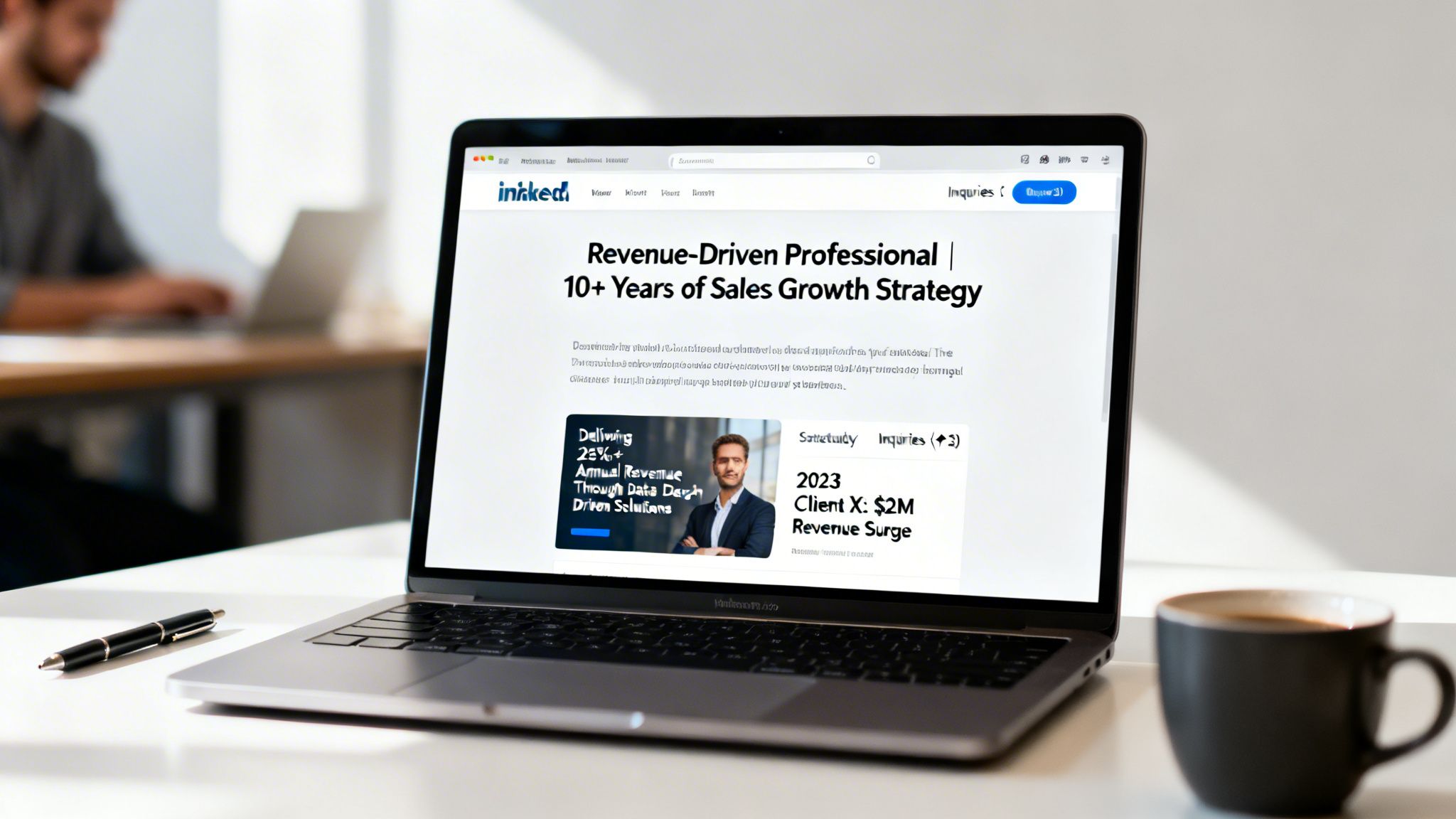 A laptop on a white desk displaying a professional profile with sales growth strategies and inquiries, in an office.