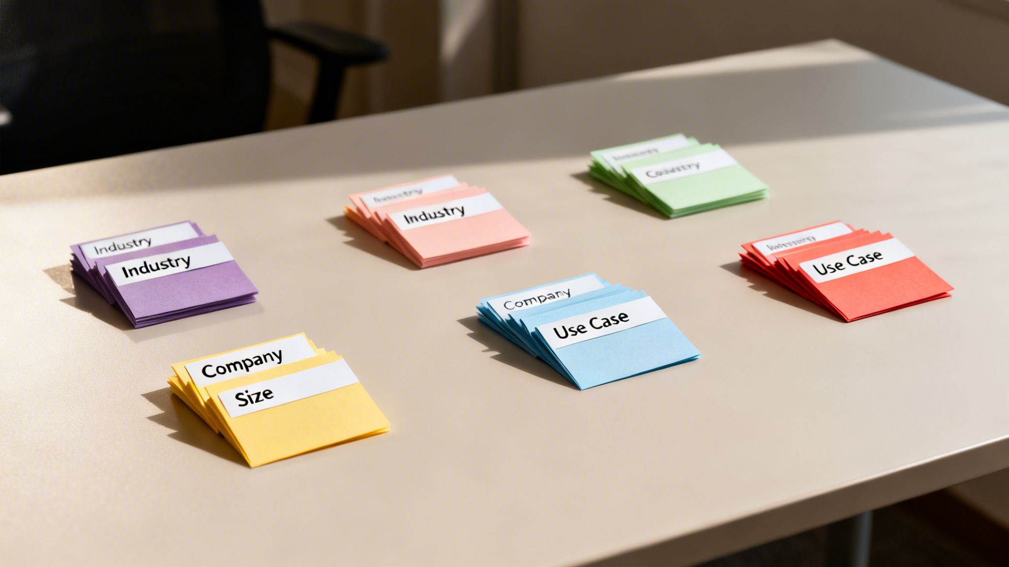 Stacks of colored cards with labels like 'Industry,' 'Use Case,' 'Company,' and 'Country' on a table.