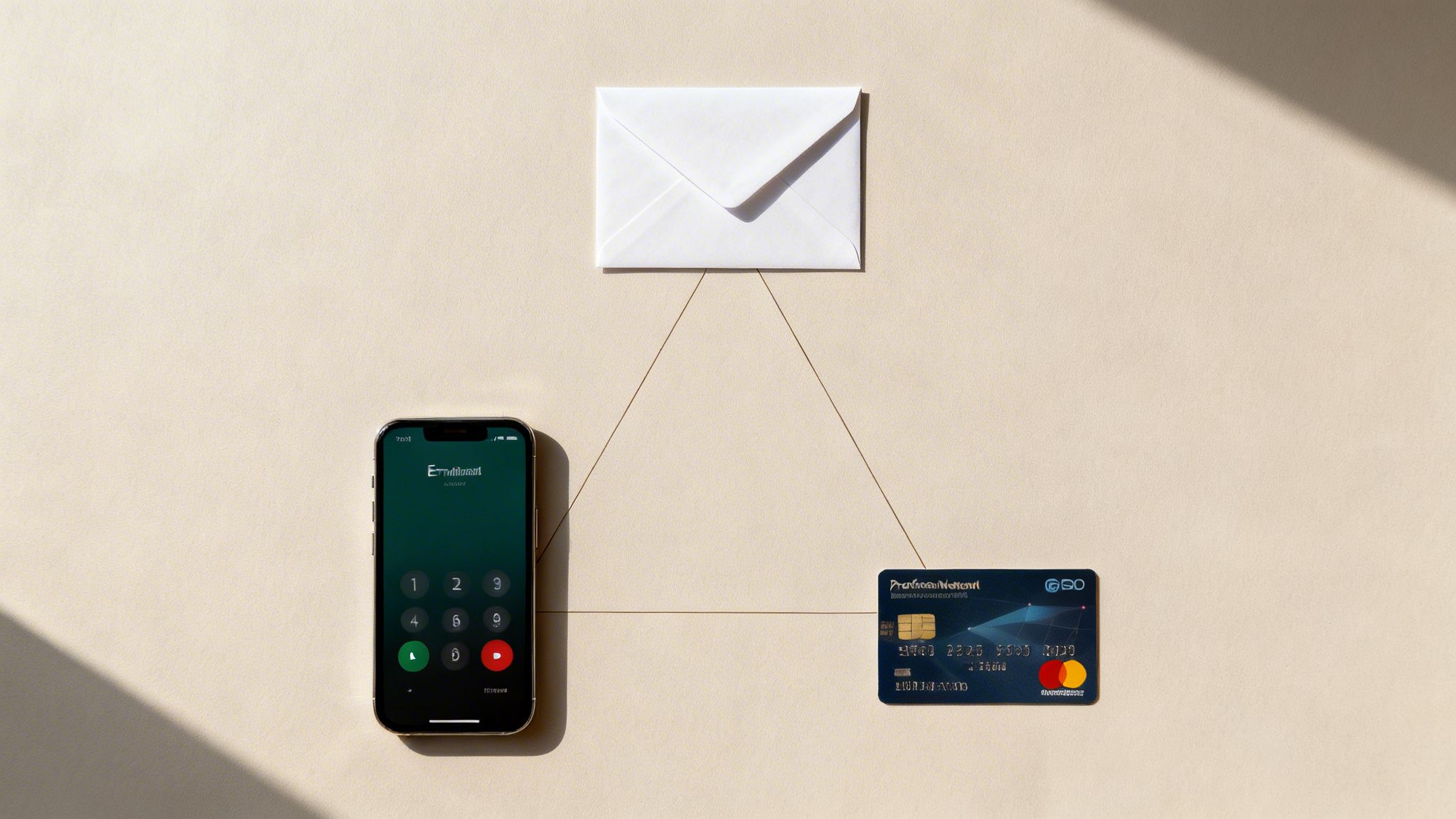 A smartphone, a white envelope, and a credit card are connected by lines, symbolizing a payment or transaction process.