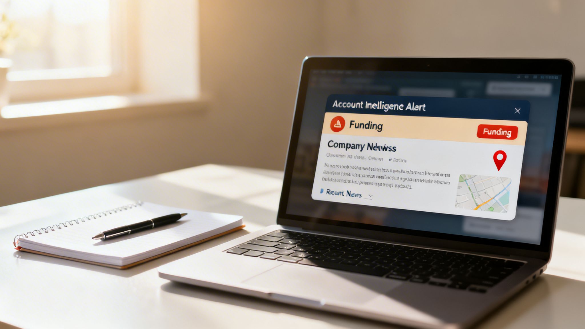 A laptop screen displays a funding alert for a company, with a notebook and pen on a sunlit desk.