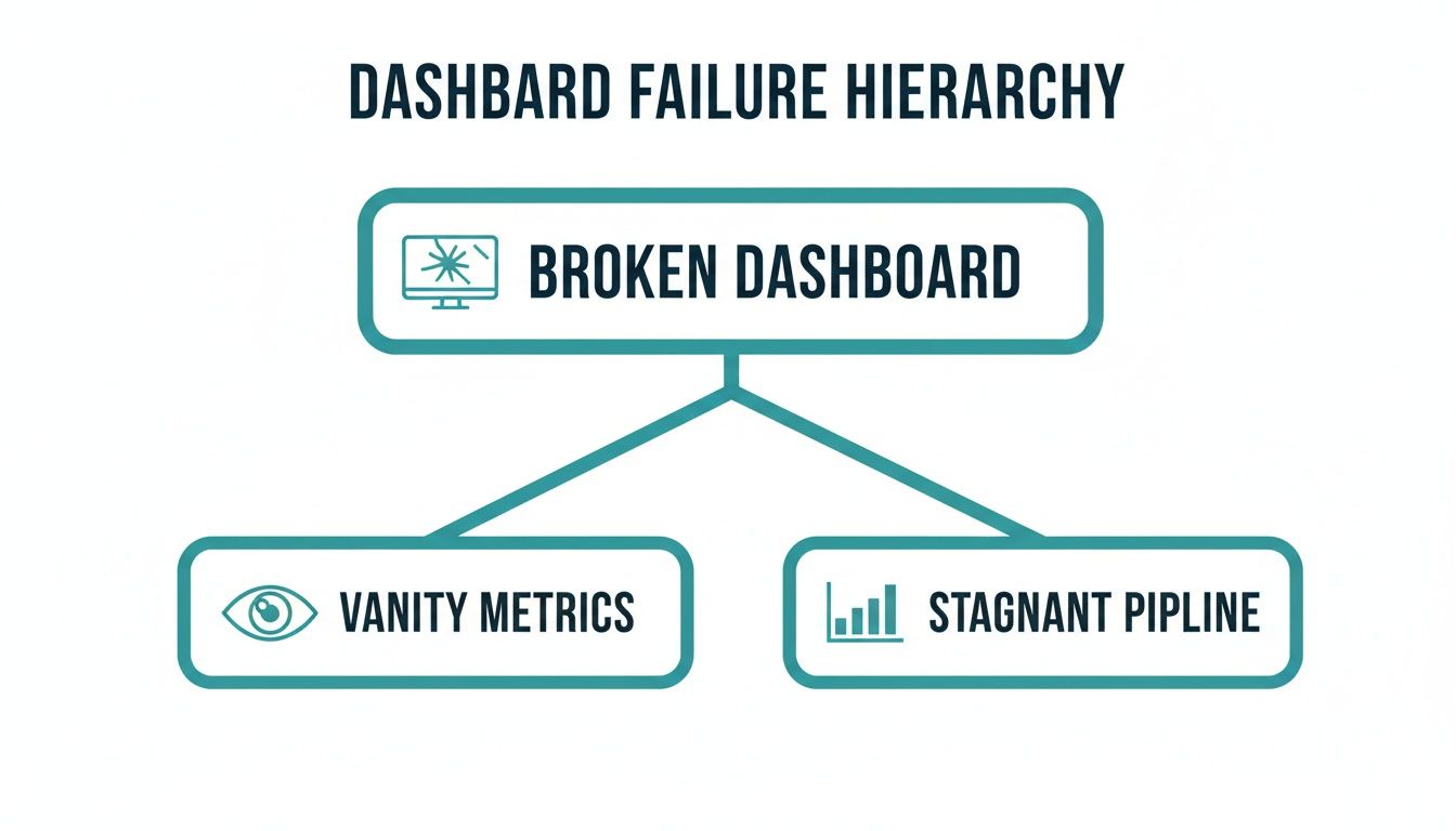 A visual hierarchy chart illustrating dashboard failure, categorized into broken dashboards, vanity metrics, and stagnant pipelines.