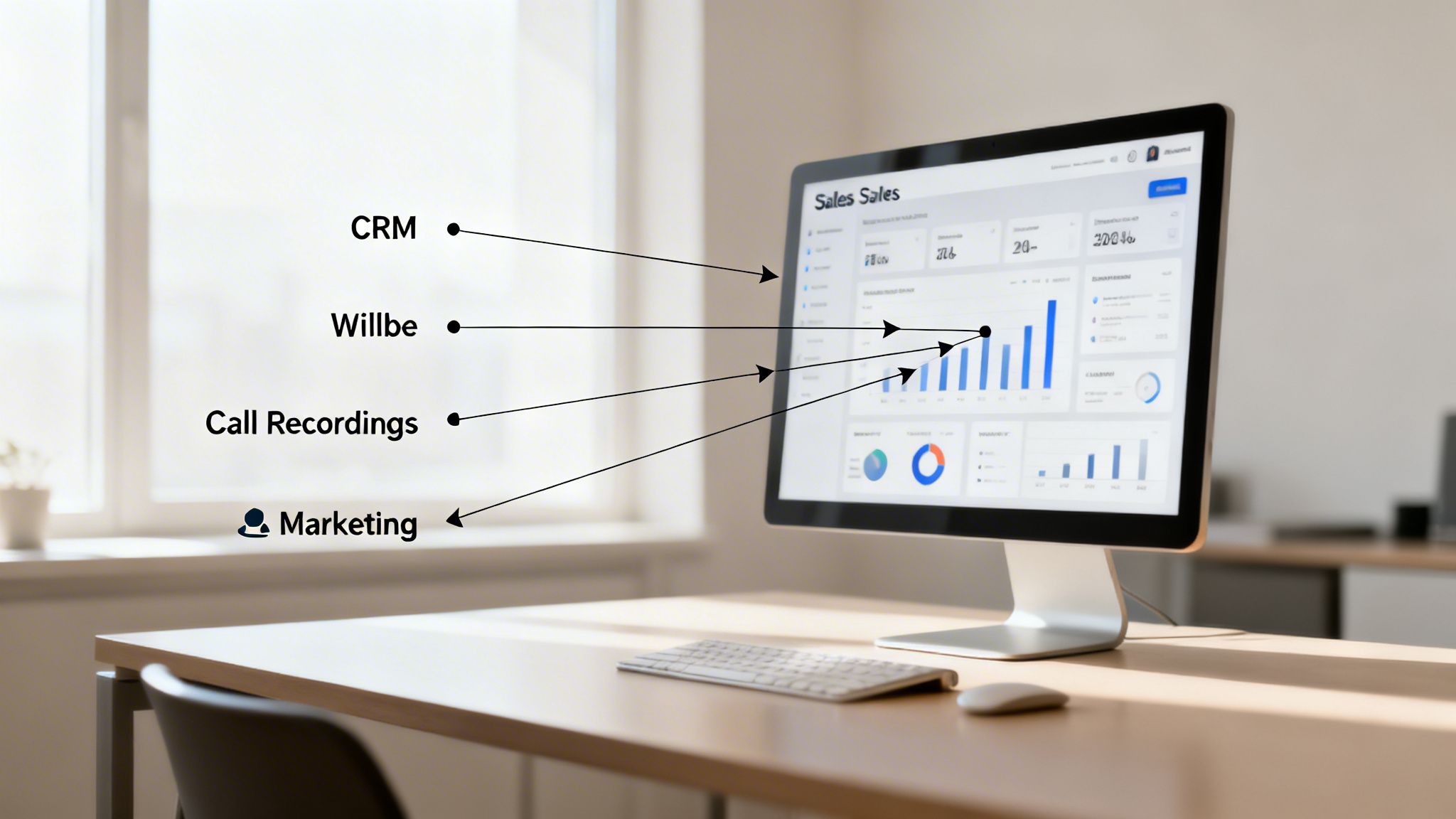 A computer monitor displays a sales performance dashboard with integrated CRM, call recordings, and marketing data.