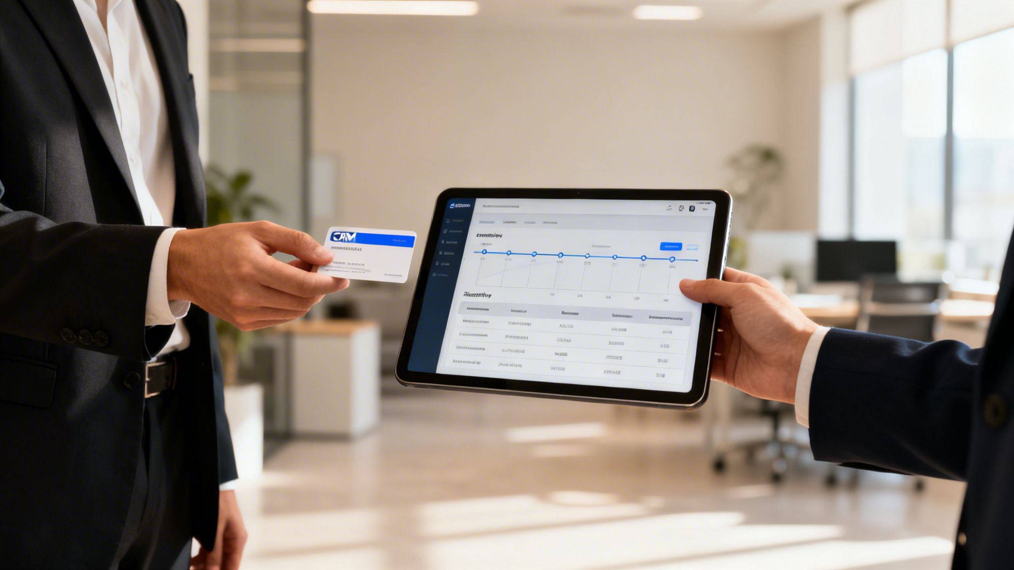Two businessmen exchanging a business card while one views sales data on a tablet in an office.