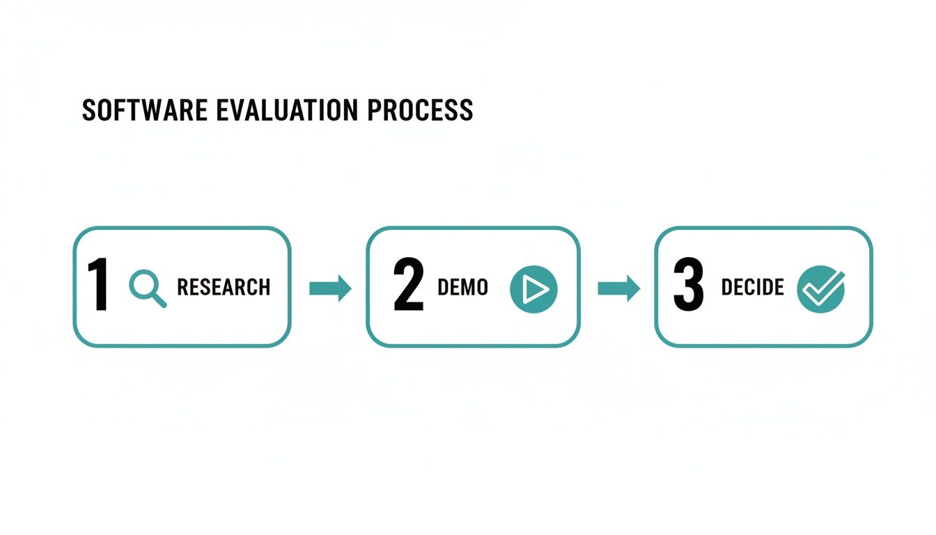 A three-step software evaluation process: Research, Demo, and Decide, depicted with icons.