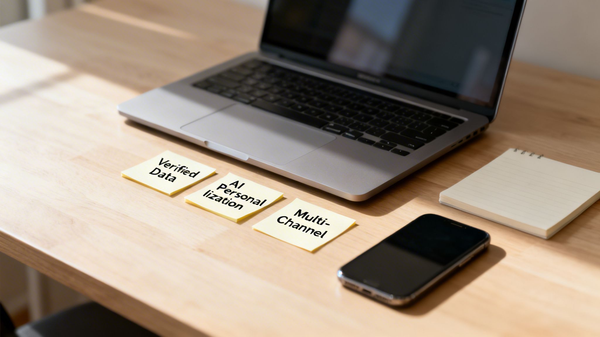 A wooden desk setup featuring a laptop, smartphone, notepad, and three sticky notes with 'Verified Data', 'AI Personalization', and 'Multi-Channel'.