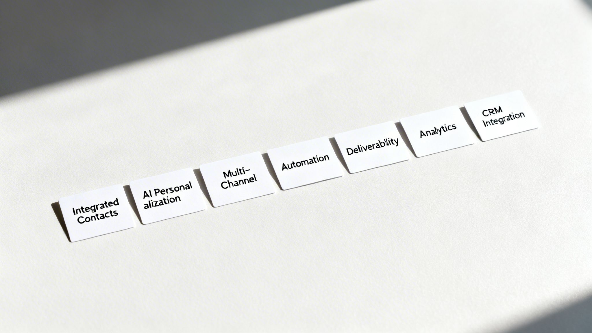 White cards displaying 'Integrated Contacts', 'AI Personalization', 'Multi-Channel', 'Automation', and 'CRM Integration' on a white background.