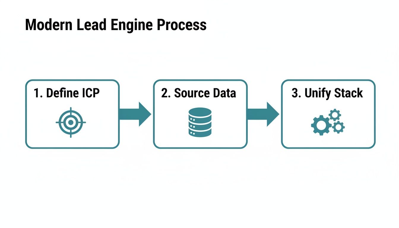 Diagram illustrating the modern lead engine process with three steps: define ICP, source data, and unify stack.