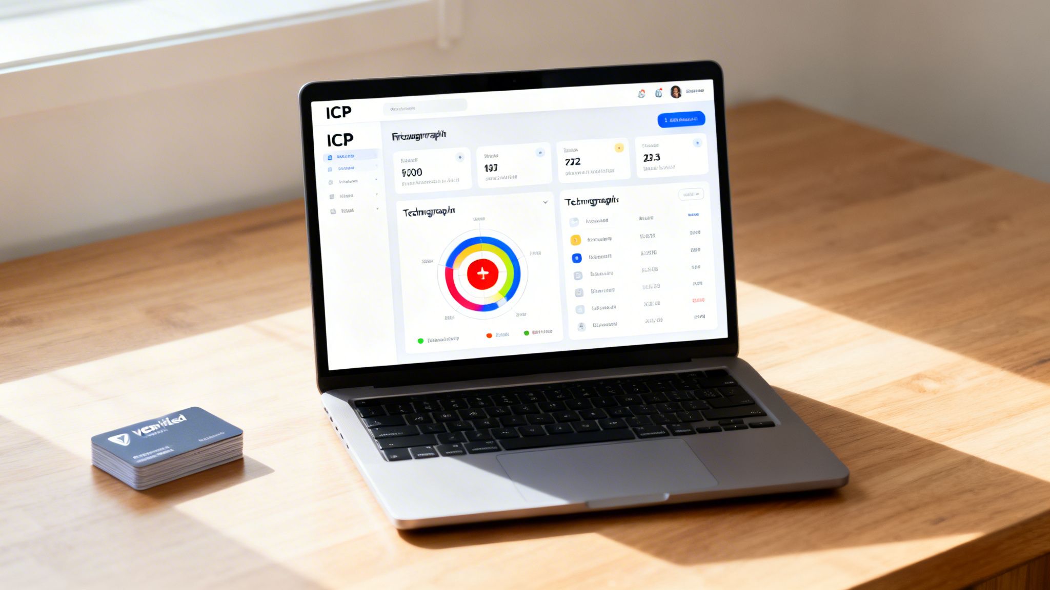A laptop displaying a vibrant business analytics dashboard on a wooden desk next to a stack of cards.