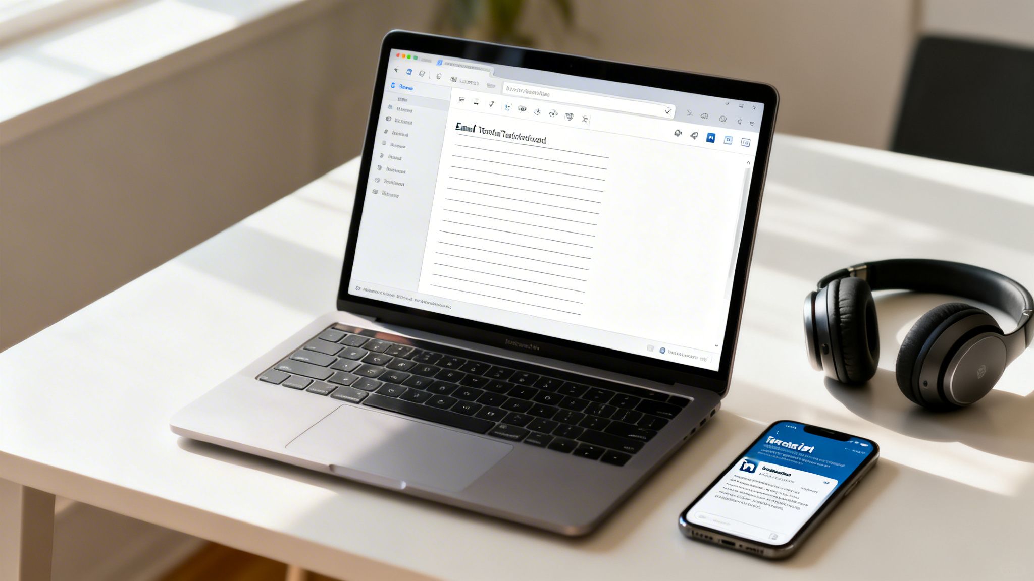 A modern workspace with a laptop, headphones, and a smartphone on a bright white desk.