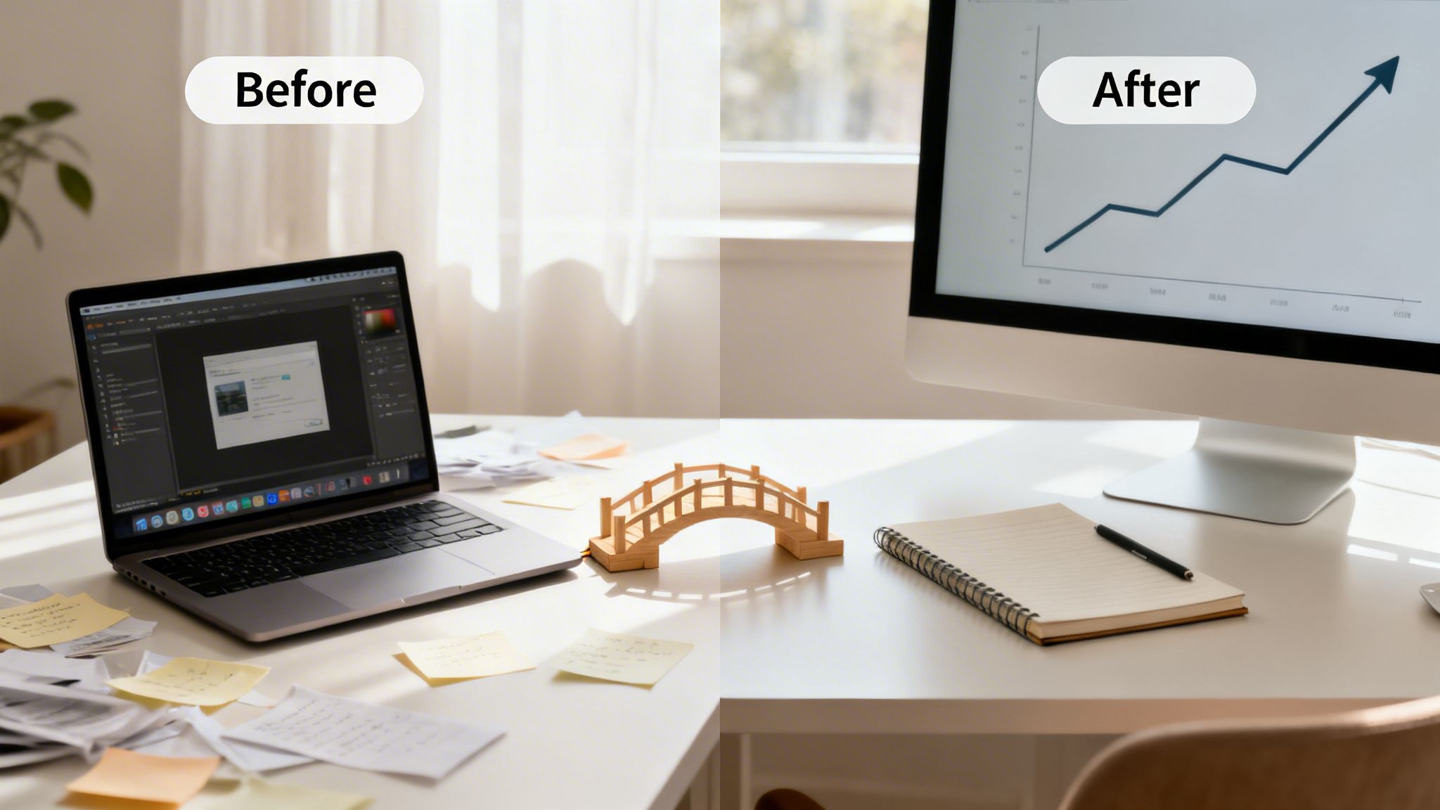 Before and after comparison of a messy and organized desk, symbolizing productivity and growth.