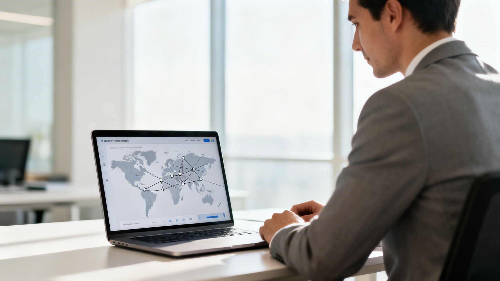A man in a suit uses a laptop showing a global network map in a bright office.