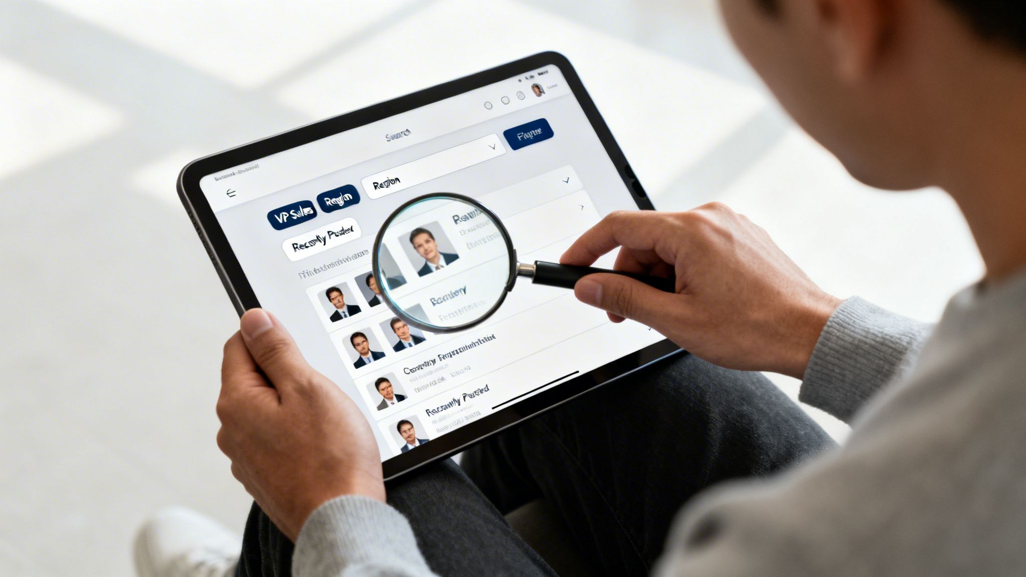 Person using a tablet and magnifying glass to search for professionals on a digital platform.
