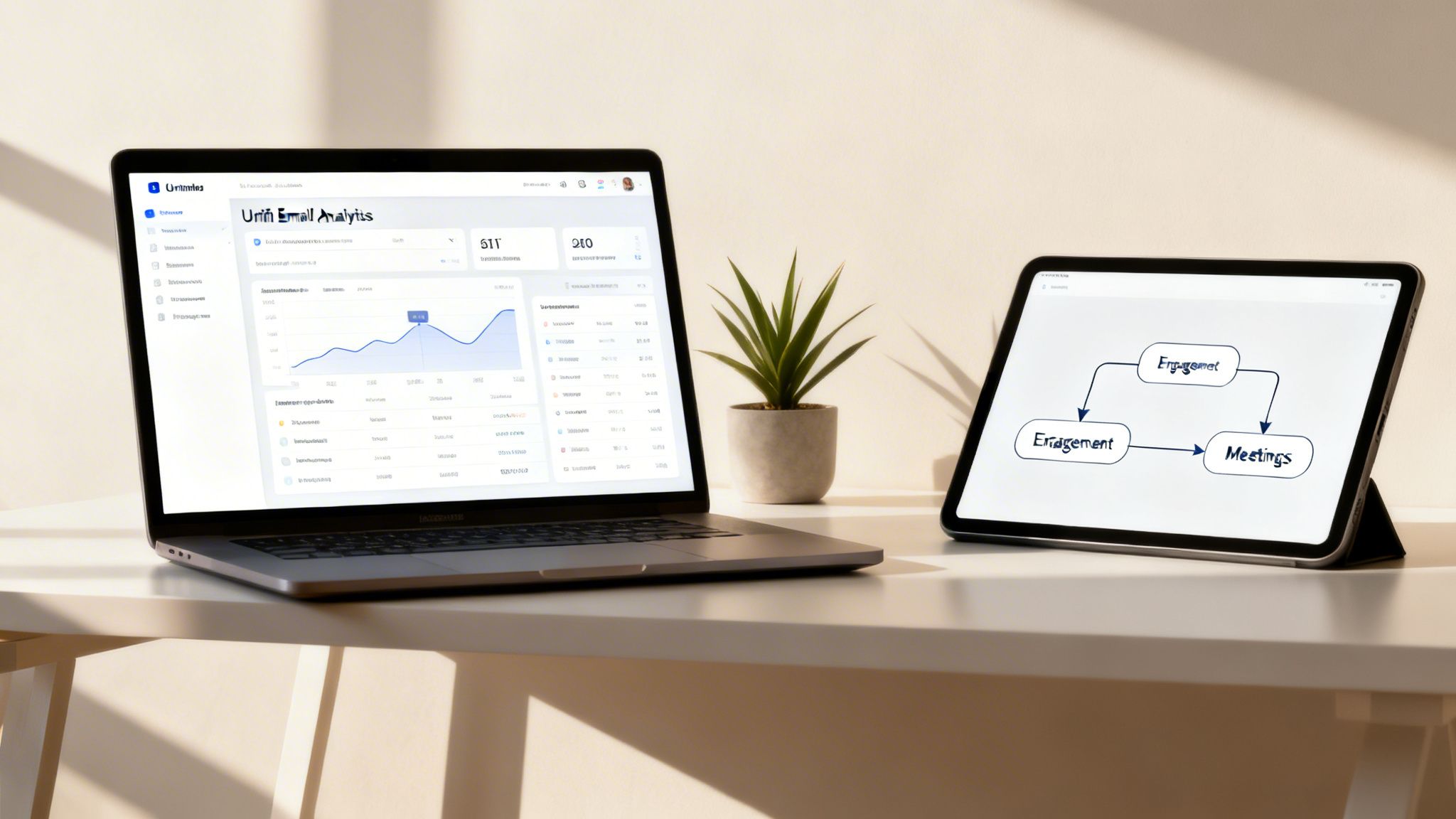 A laptop displaying email analytics with a graph and data, next to a tablet showing an engagement diagram, on a modern desk.