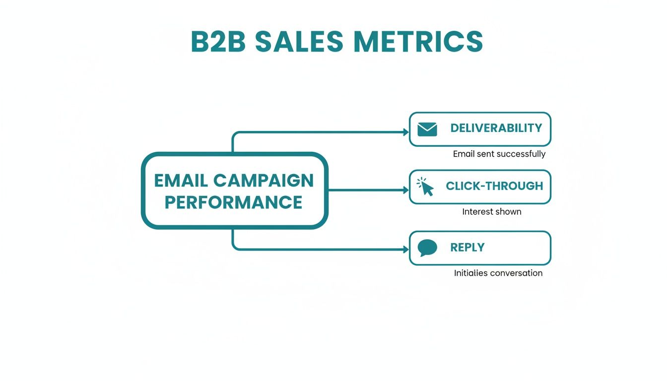 Diagram illustrating B2B sales metrics focusing on email campaign performance: deliverability, click-through, and reply rates.