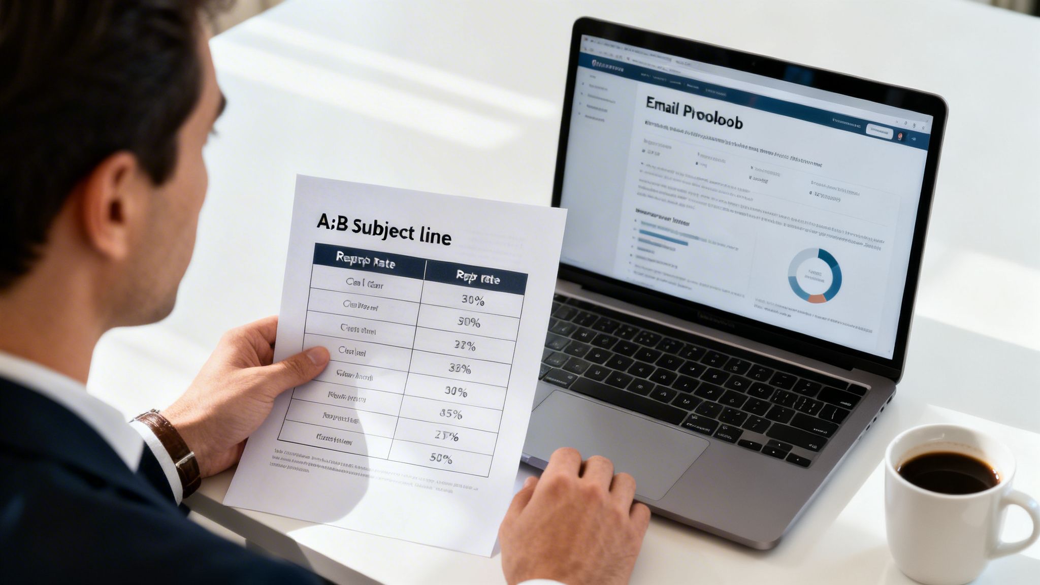 Man analyzing email A/B test results on a paper report and laptop, with a coffee cup nearby.