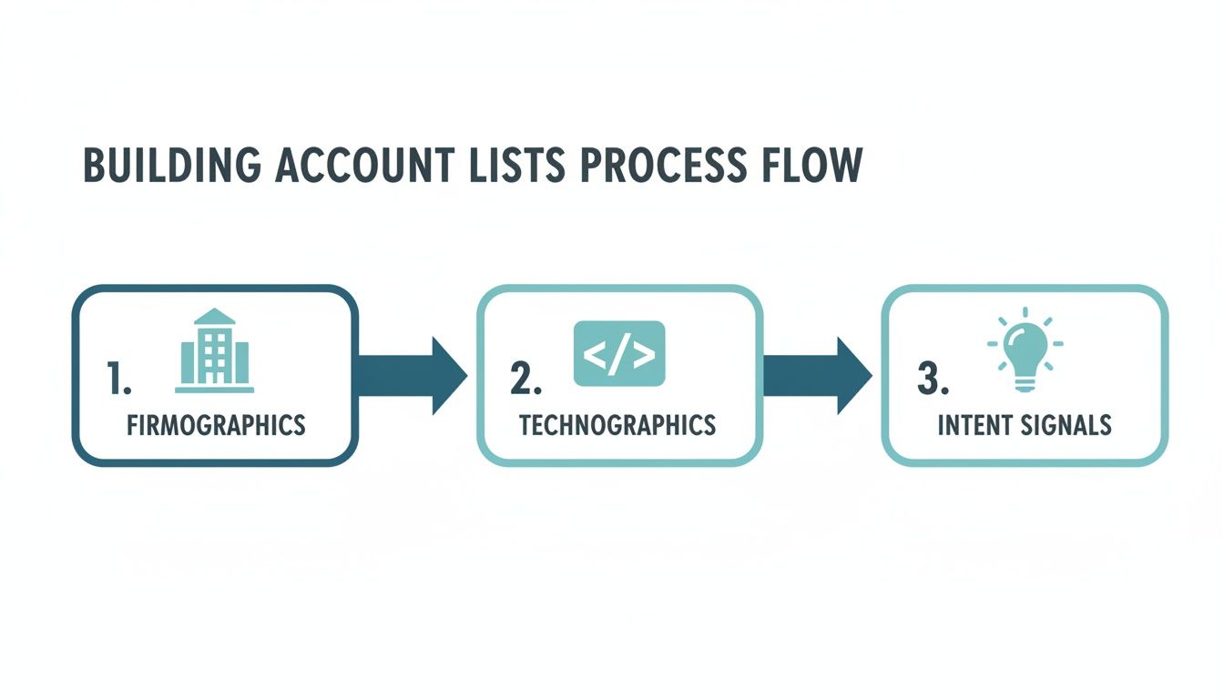 A process flow diagram showing three steps for building account lists: Firmographics, Technographics, and Intent Signals.