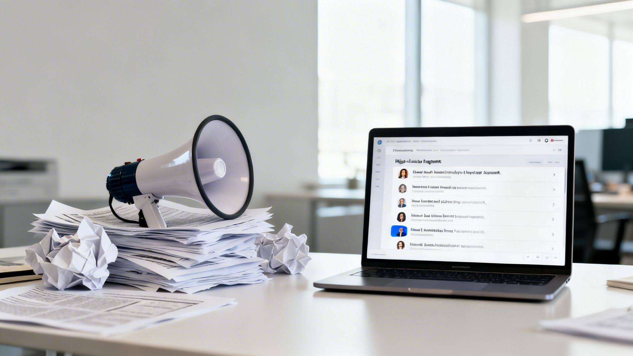 A megaphone sits on a pile of papers on a messy desk with crumpled paper and an open laptop showing a messaging interface.
