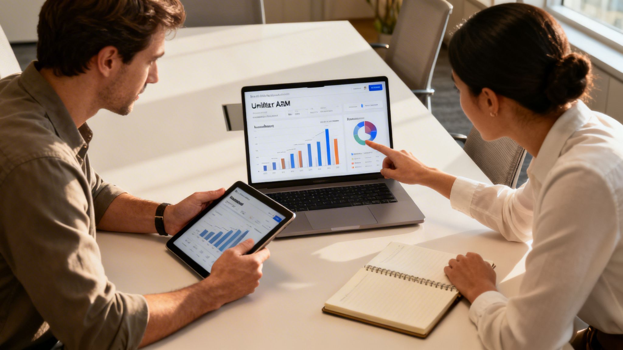 Two professionals discuss data on a laptop and tablet, pointing at charts in an office.
