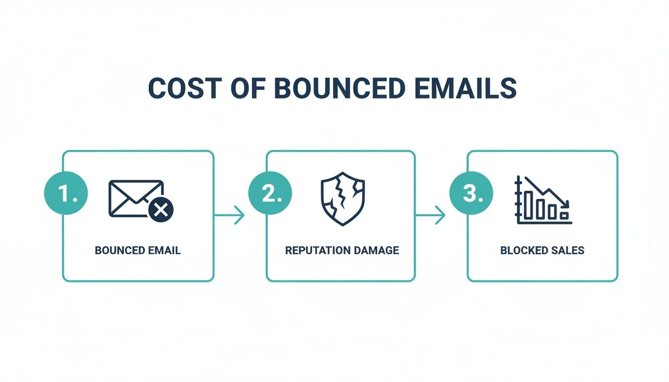 Infographic illustrating the three negative consequences of bounced emails: reputation damage and blocked sales.