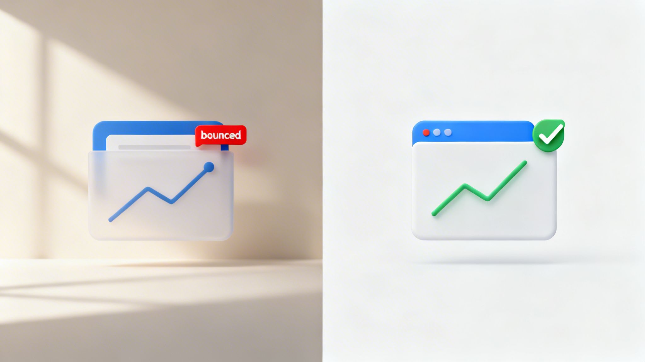 3D graphics illustrating email validation: one shows 'bounced' status, the other indicates successful delivery.