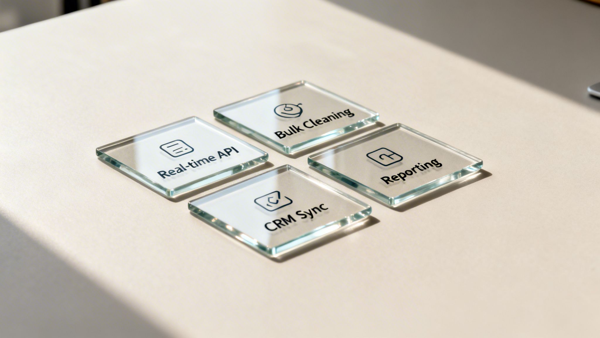 Four clear glass squares with icons and text for Real-time API, Bulk Cleaning, CRM Sync, and Reporting.