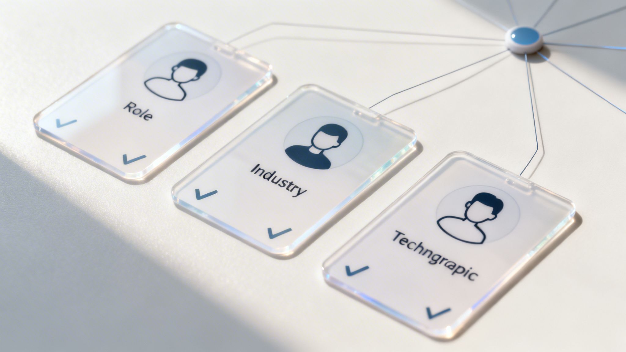 Three translucent cards labeled Role, Industry, Technographic connected to a central hub, illustrating segmentation.