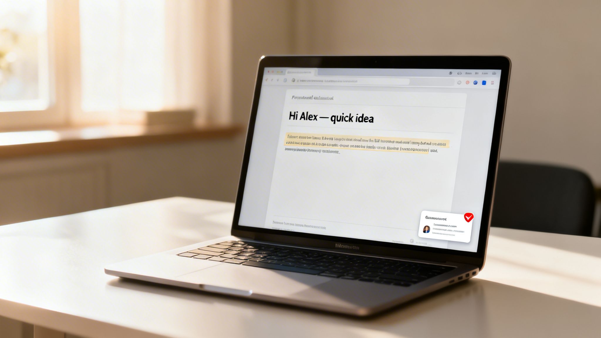 A MacBook displays a document titled "Hi Alex — quick idea" with highlighted text and a notification.