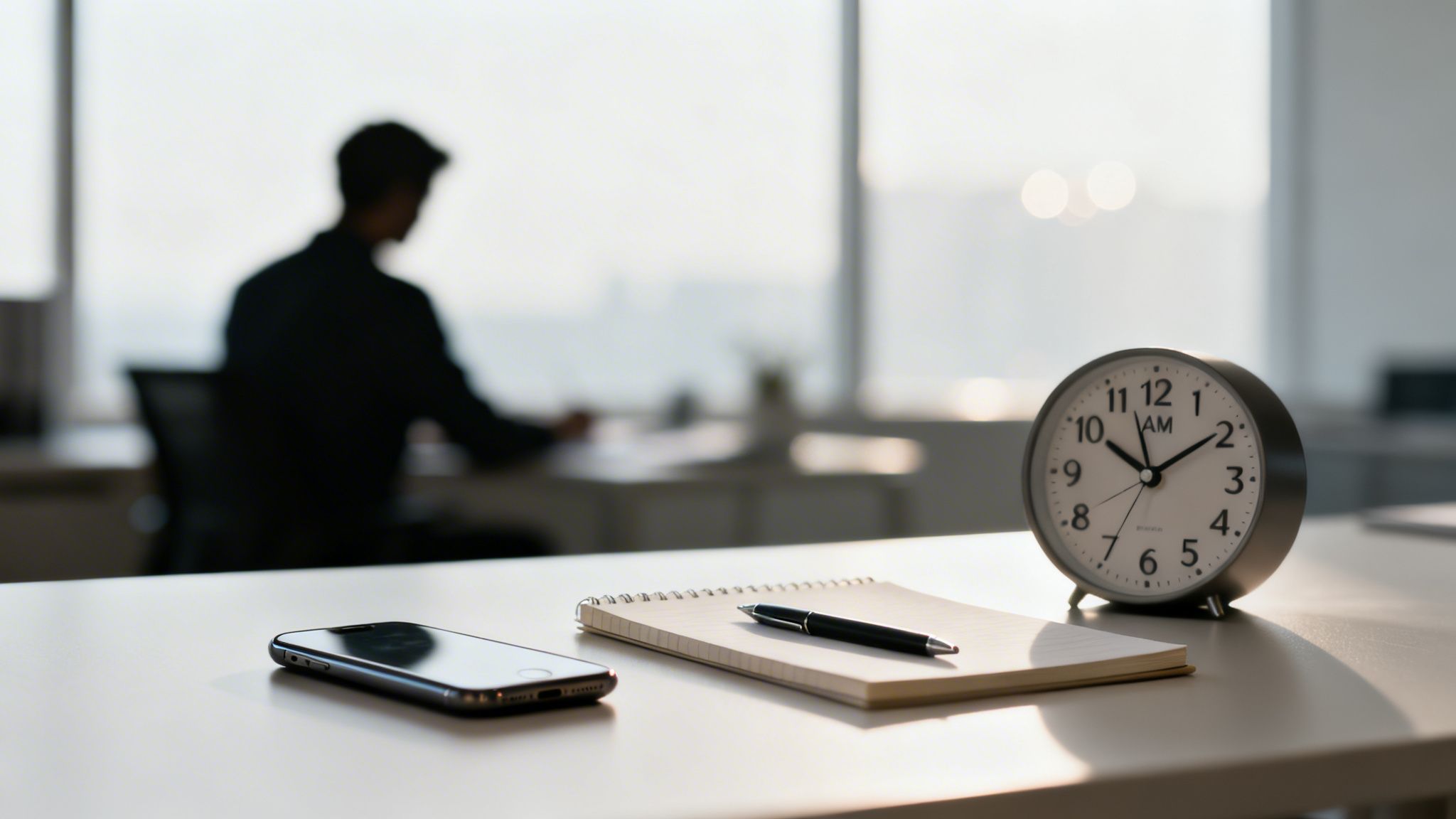 A desk with a smartphone, notebook, pen, and alarm clock in an office, with a blurred person working.