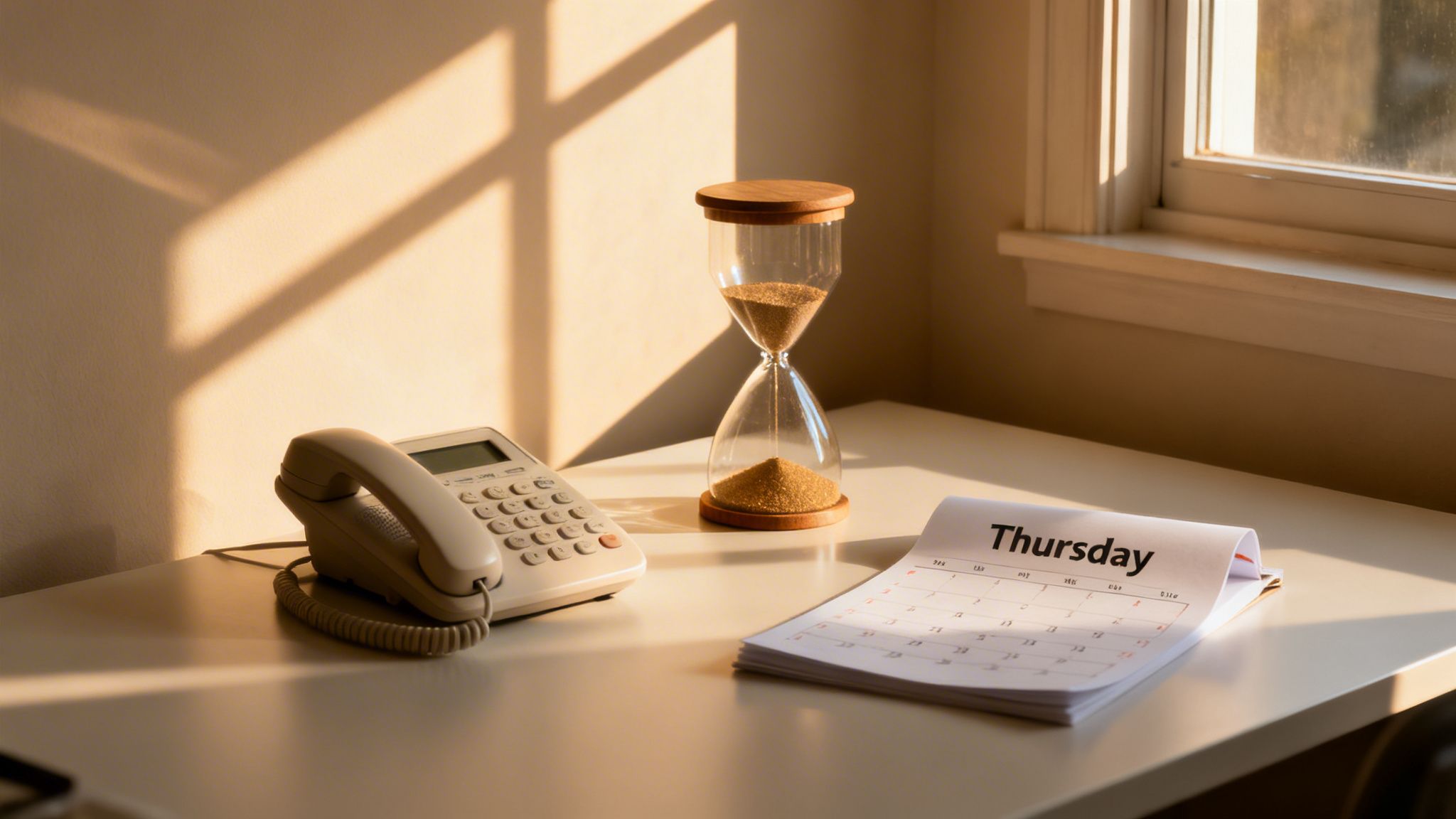 A desk with a phone, an hourglass, and a calendar showing Thursday, bathed in warm sunlight.