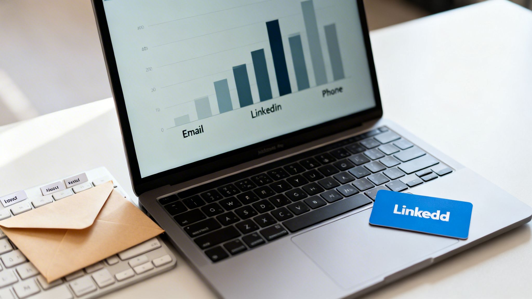 A laptop shows a bar chart displaying sales productivity metrics for email, LinkedIn, and phone channels.