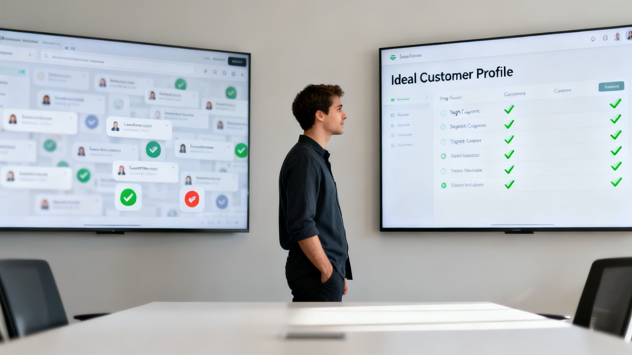 A man analyzing ideal customer profile data and user management on two large screens in an office.