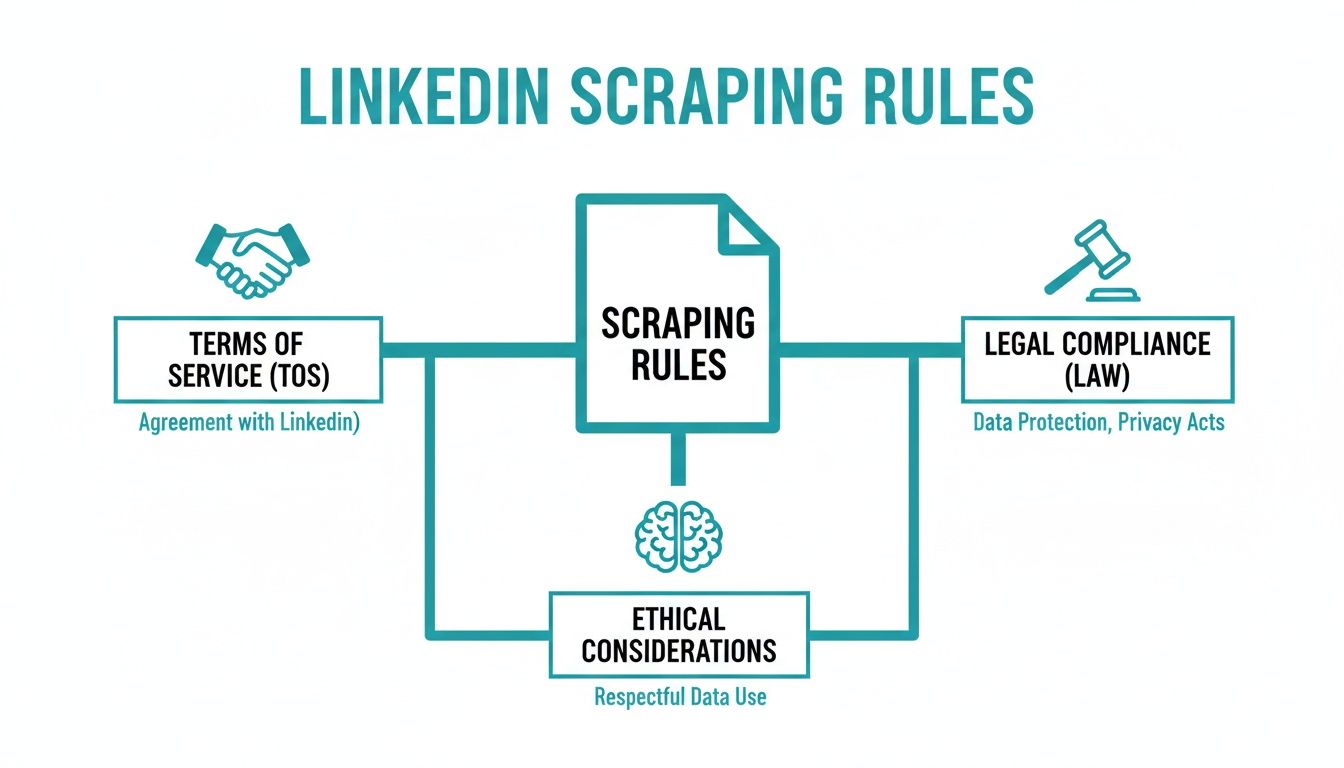 Diagram outlining LinkedIn scraping rules, emphasizing terms of service, legal compliance, and ethical considerations.