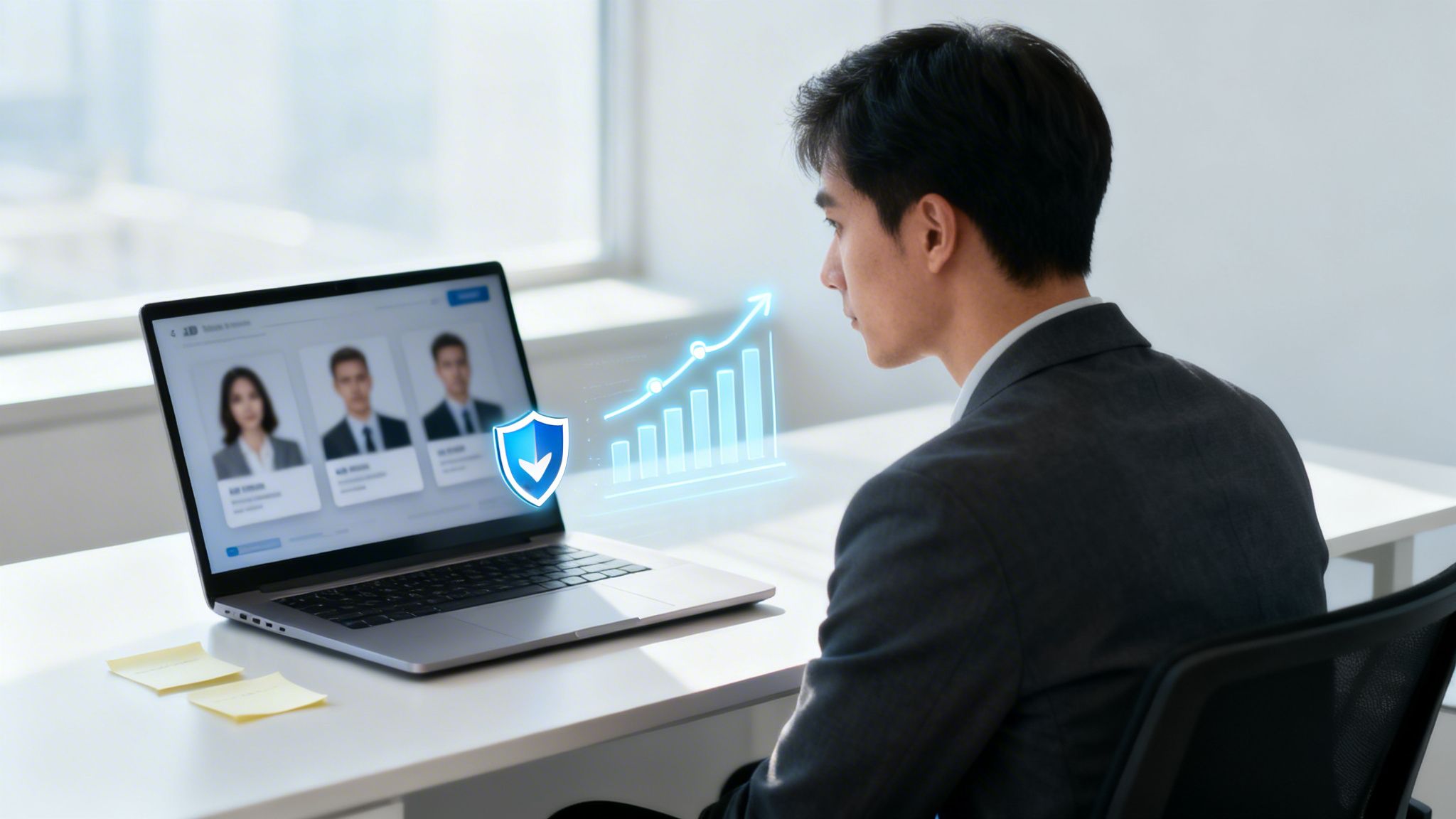 A man in a suit looks at a laptop displaying employee profiles, a growth chart, and a security shield.