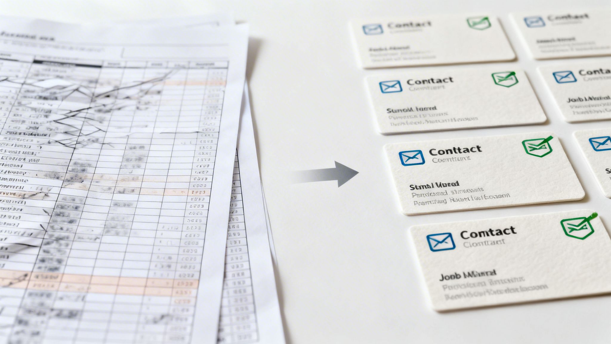 A messy paper spreadsheet transforms into neat digital contact cards, symbolizing data extraction and organization.