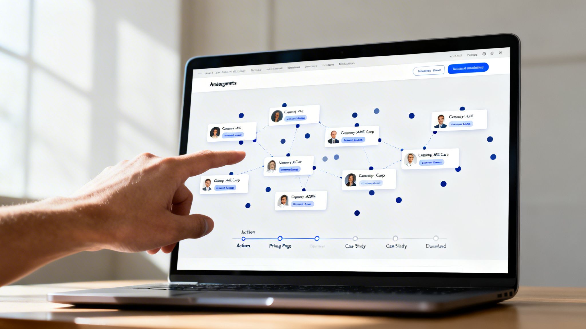 A hand points at a laptop screen displaying a business network diagram with profile pictures and company connections.