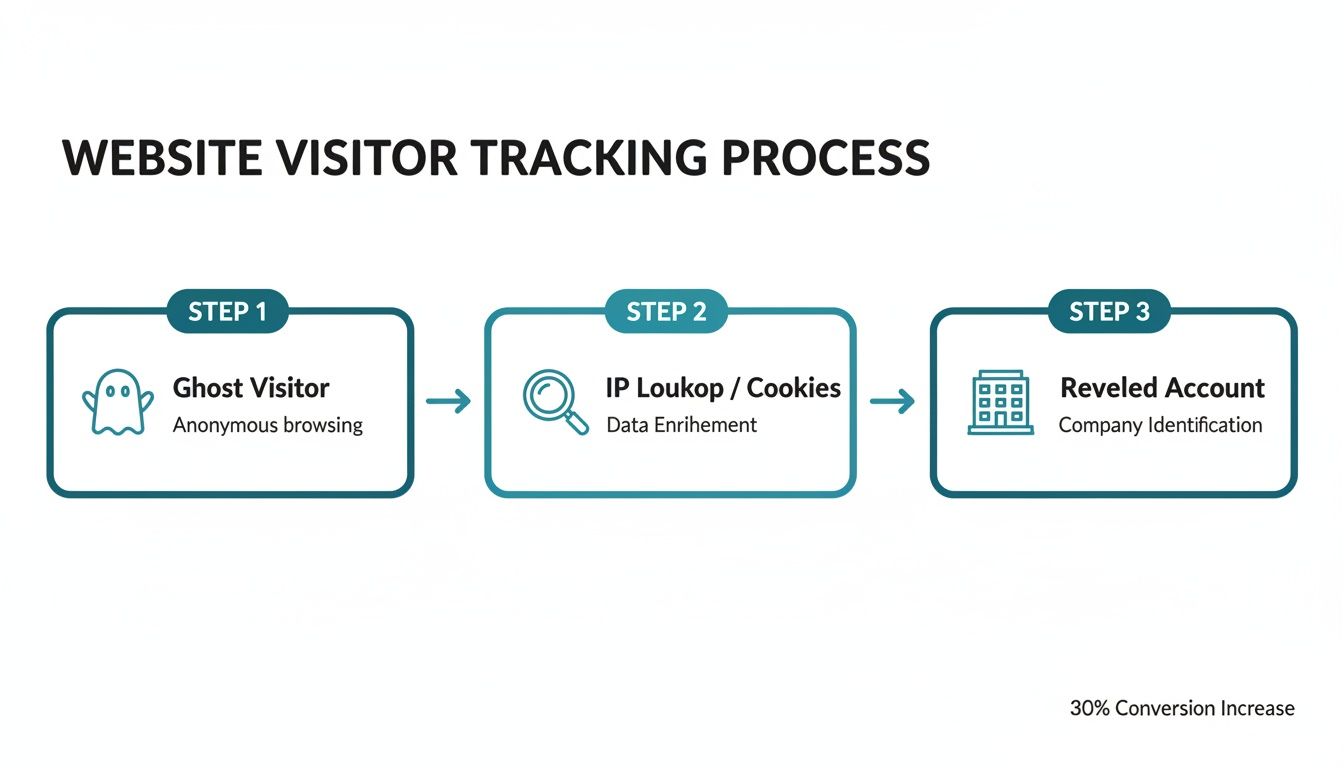 Infographic detailing the website visitor tracking process, from anonymous browsing to company identification, increasing conversion.