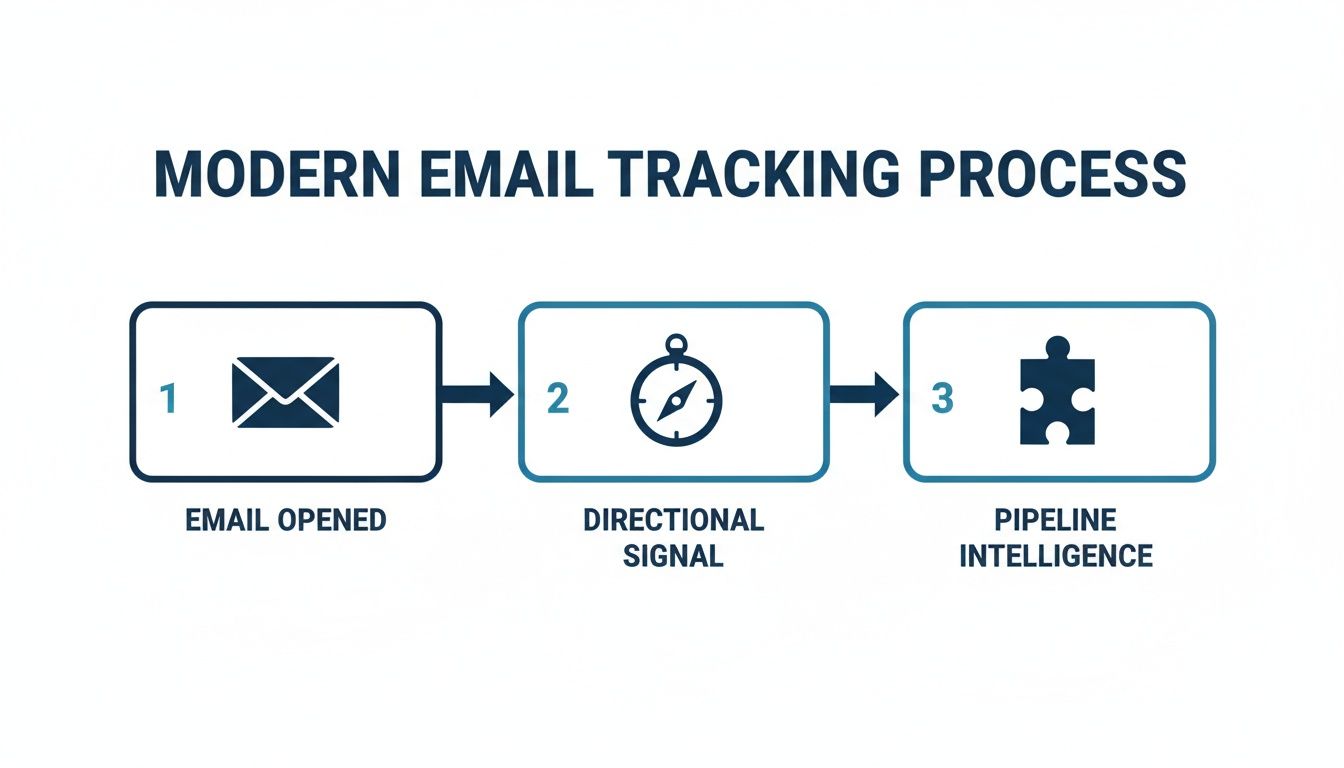 Diagram illustrating the modern email tracking process from email opened to pipeline intelligence.