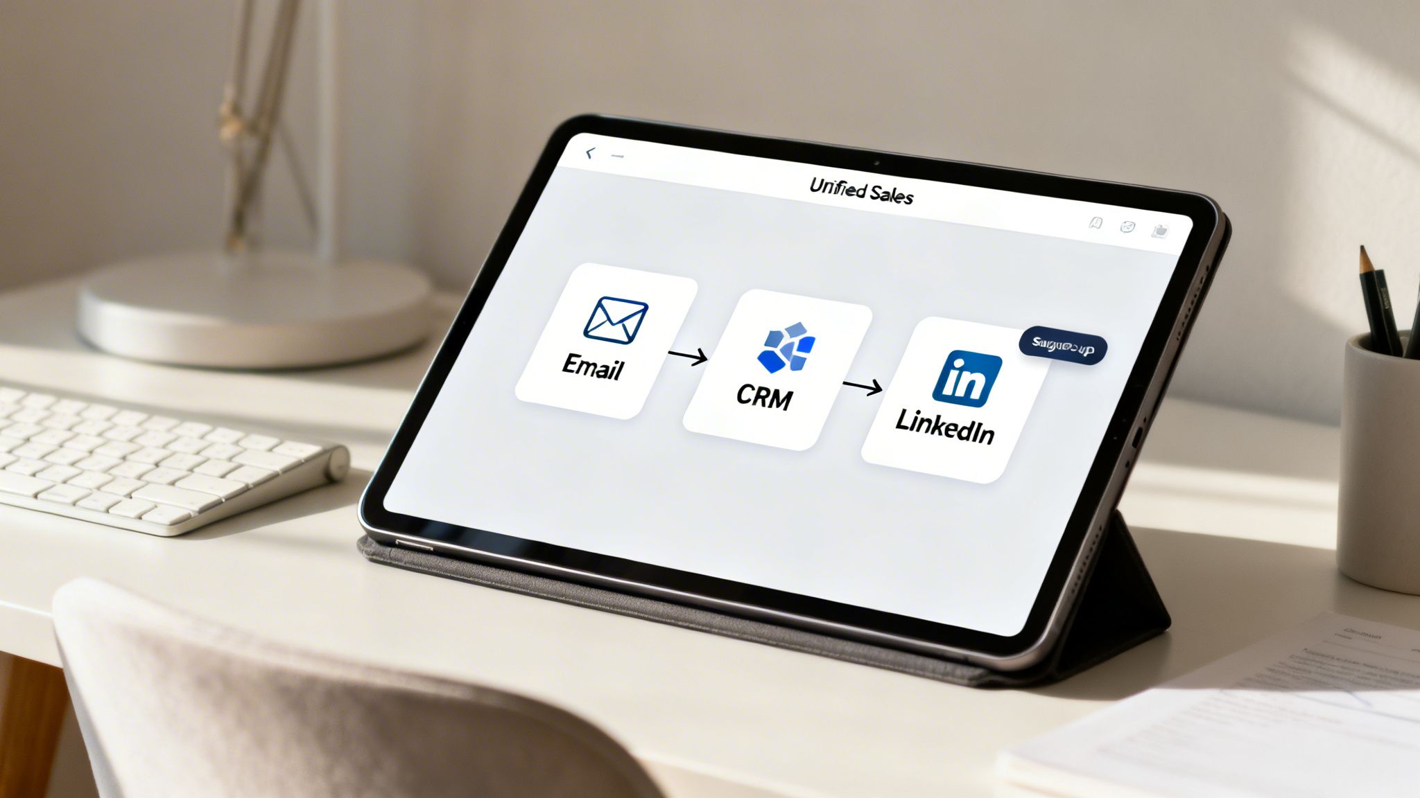 Tablet displaying a 'Unified Sales' workflow: Email, CRM, and LinkedIn steps, on a modern desk.