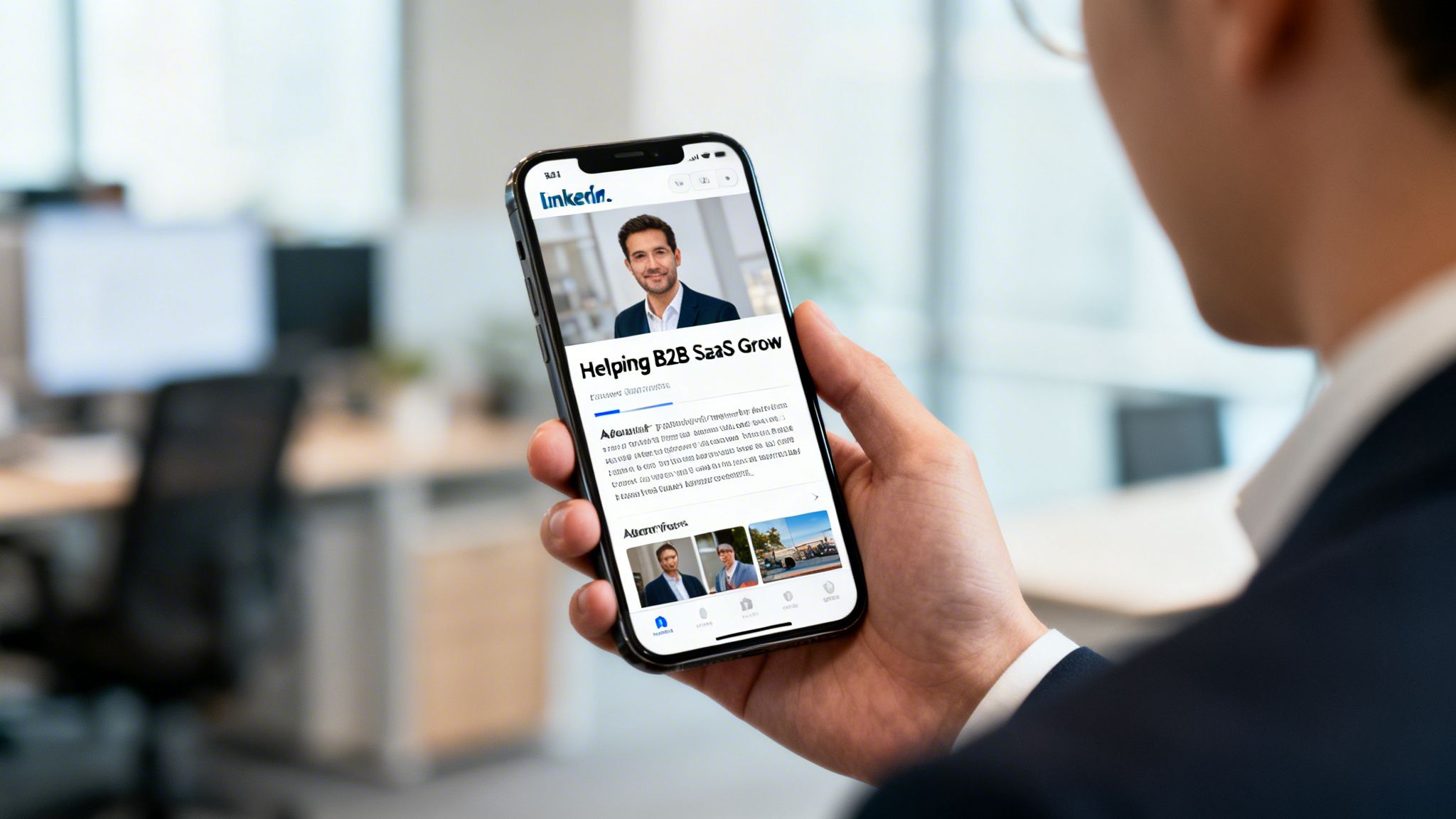 A person holds a smartphone displaying a LinkedIn article about helping B2B SaaS grow in an office.