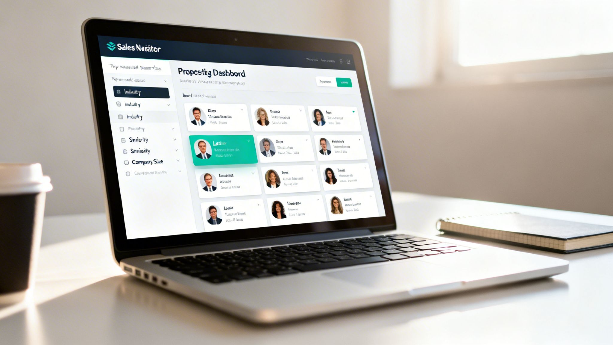 A laptop displays a Sales Navigator dashboard with professional profiles and prospecting filters.