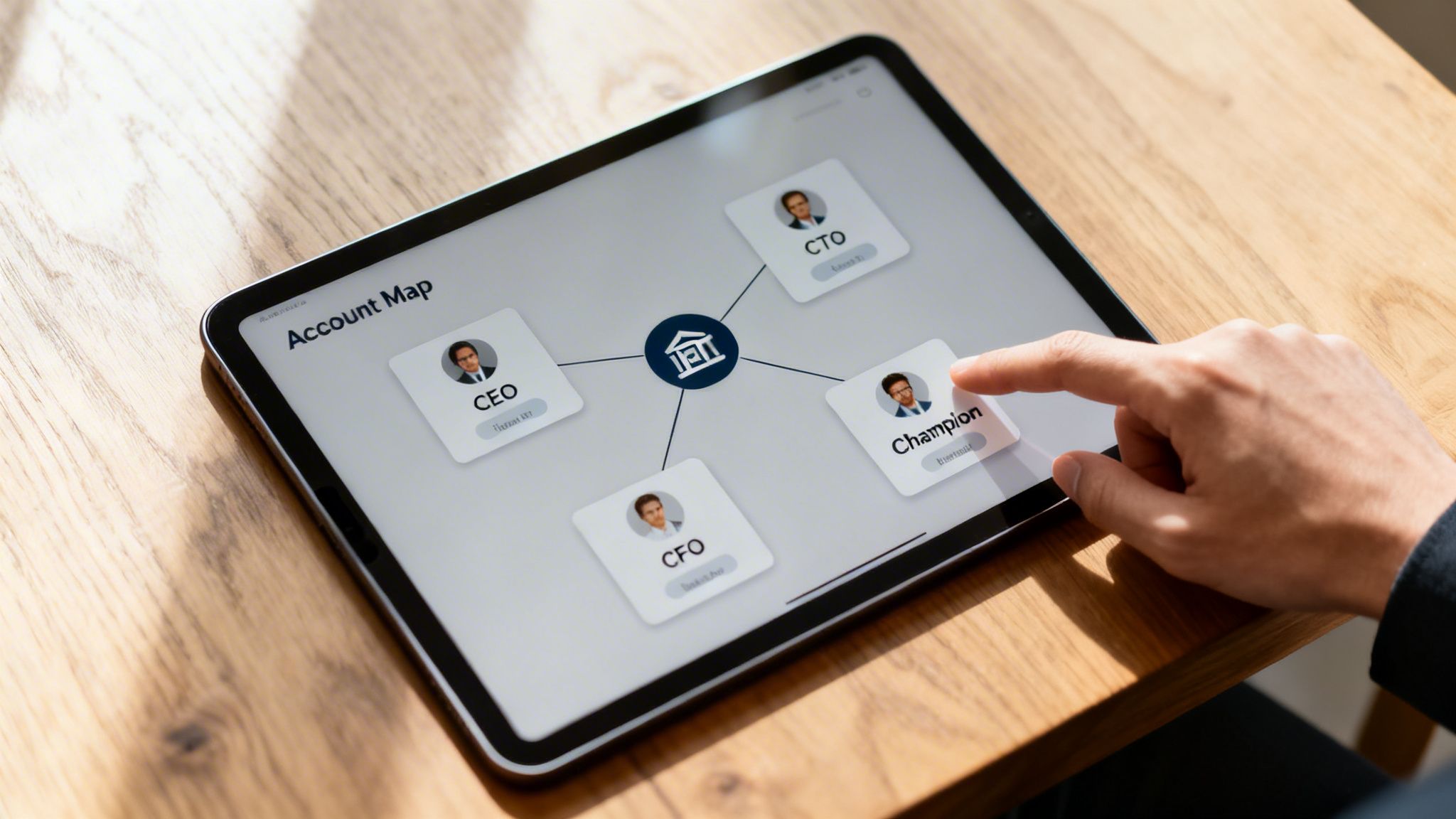A person's hand taps a tablet showing an 'Account Map' with CEO, CTO, CFO, and Champion roles.