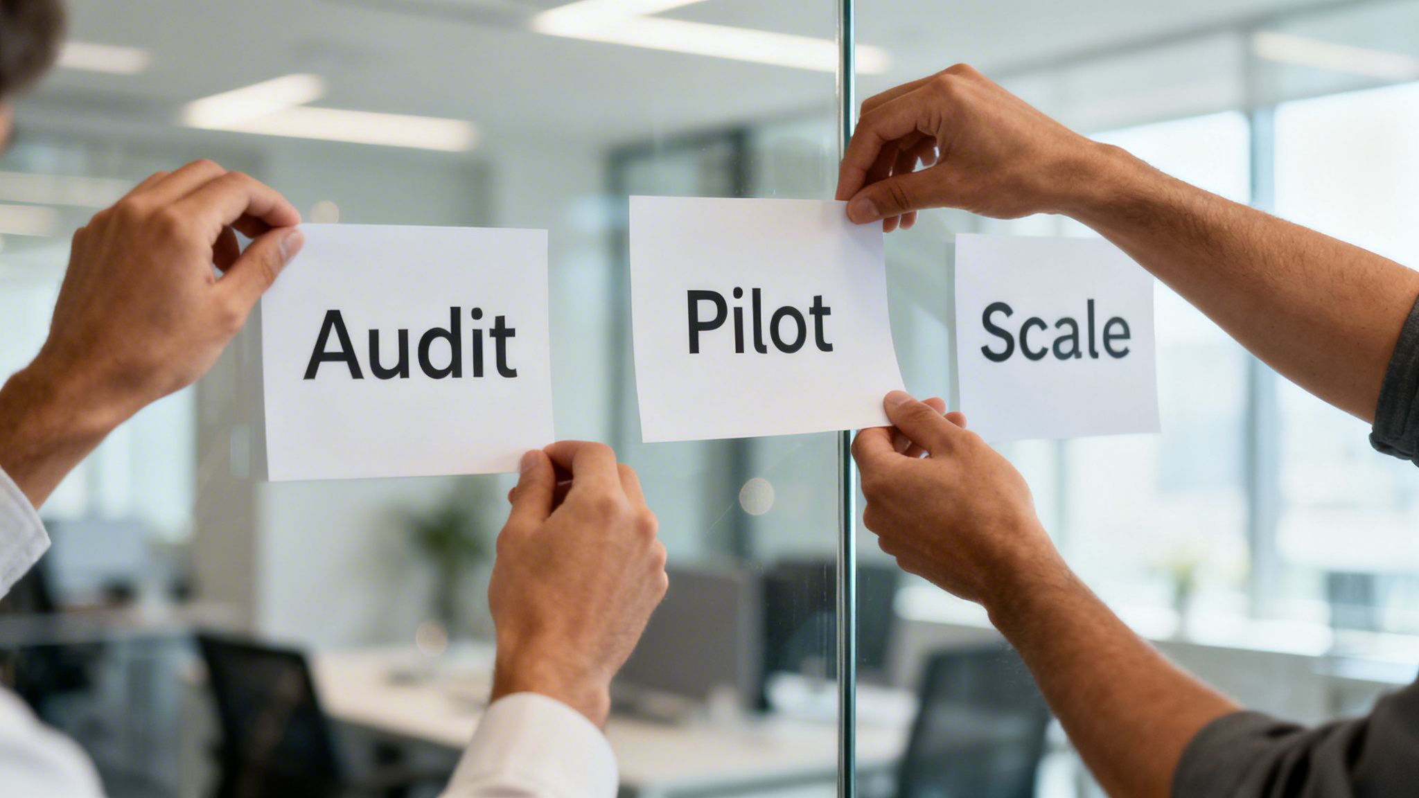 Two people placing 'Audit', 'Pilot', and 'Scale' notes on a transparent board in an office.
