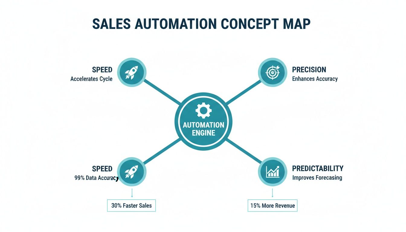 A concept map illustrating the benefits of a sales automation engine: speed, precision, and predictability.