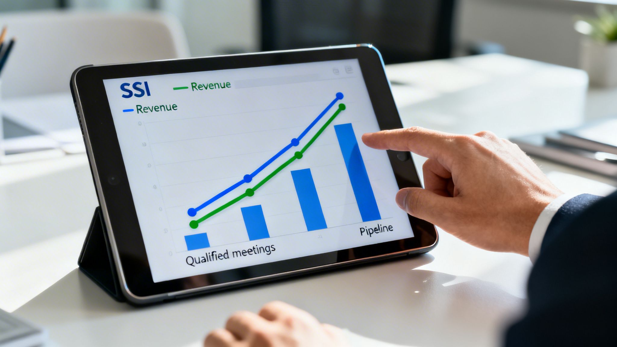 A hand points at a digital chart on a tablet, illustrating SSI, Revenue, and sales pipeline data.