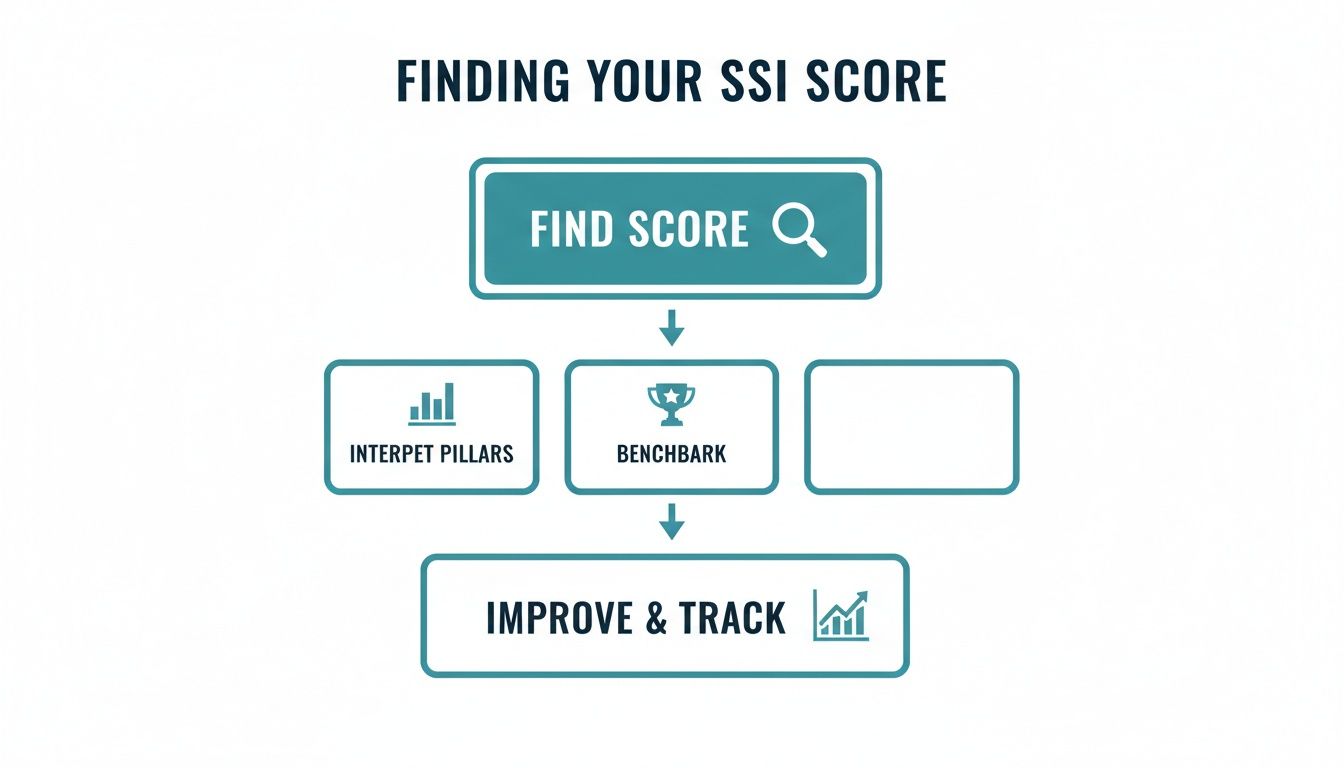 Flowchart illustrating the steps to find, interpret,benchmark, and improve your SSI score.
