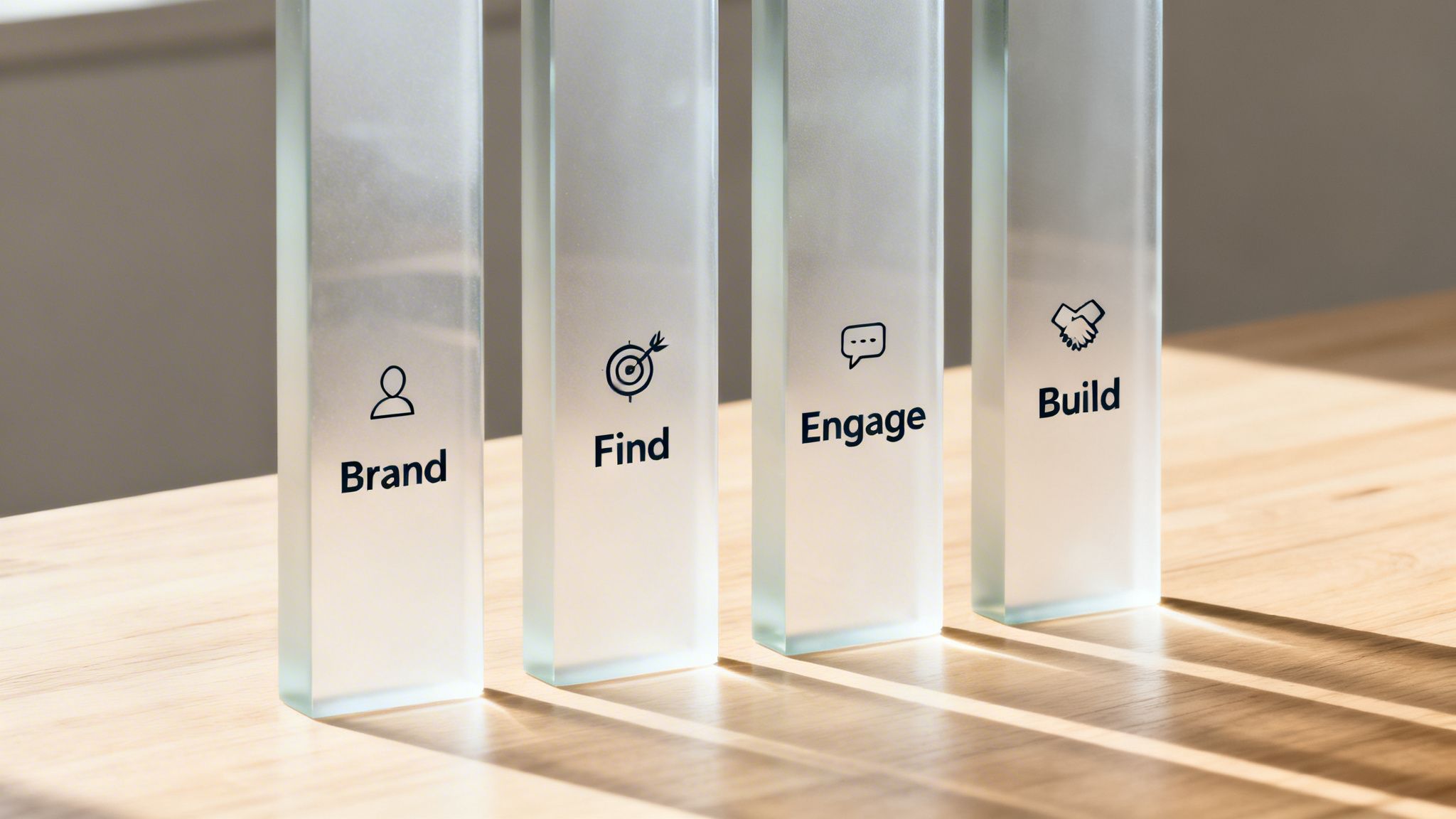Four frosted glass blocks with icons and words: Brand, Find, Engage, Build, on wood.